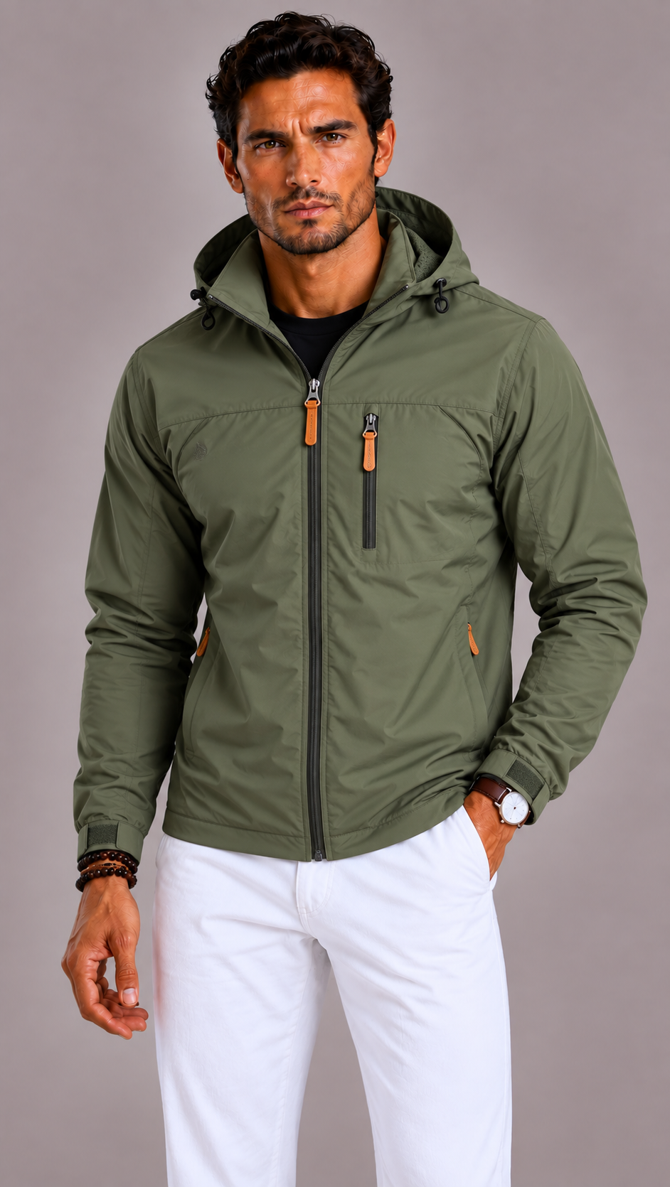 Men's Waterproof Jacket with Hood and Zip Pockets