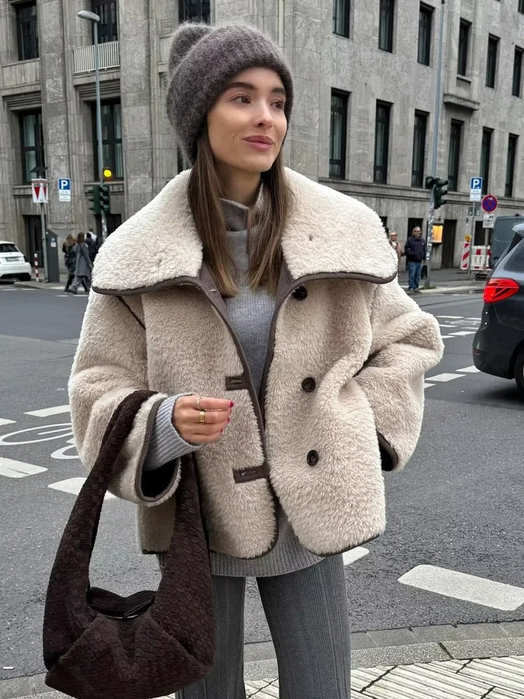 Cozy Teddy Jacket with Oversized Collar and Button Details