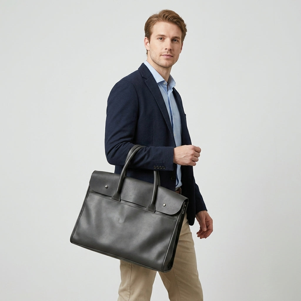 Leather briefcase with laptop compartment, flap closure, and double handles for men