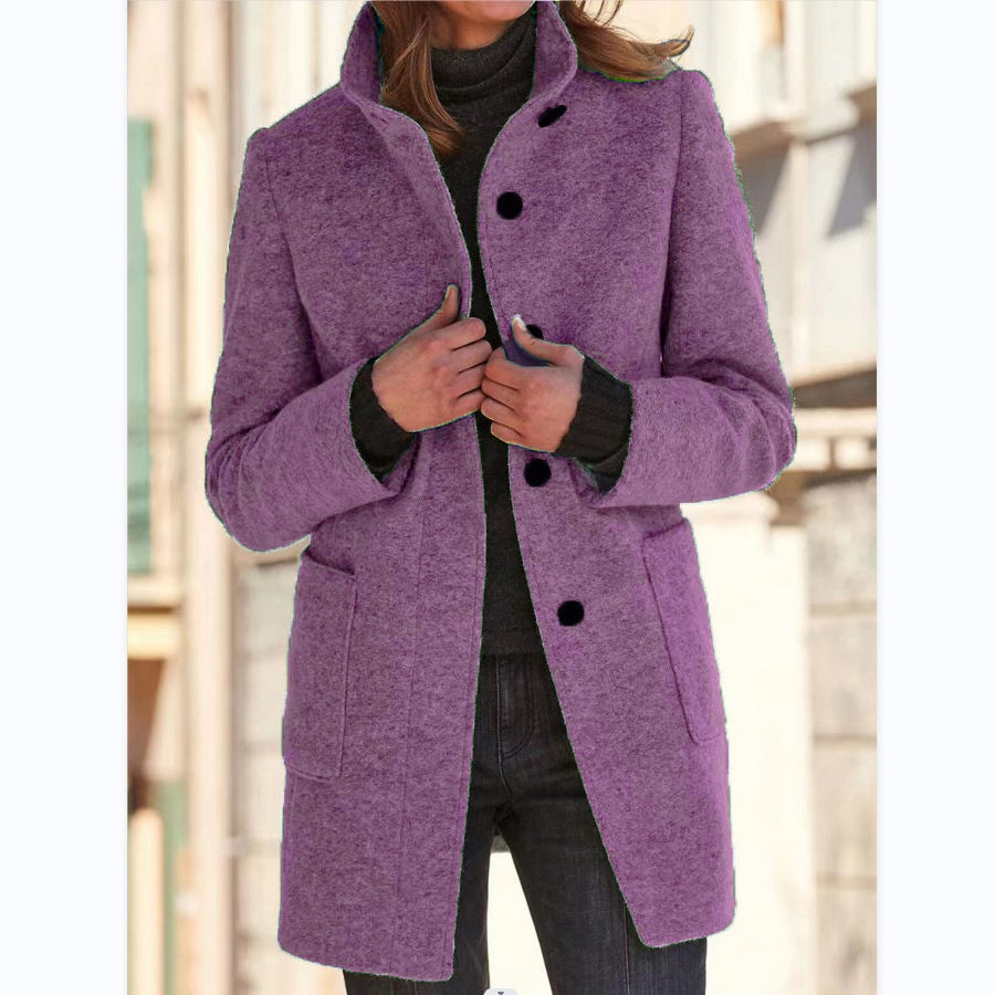 Maja Women's Slim Fit Coat with Stand Collar, Buttons, and Pockets