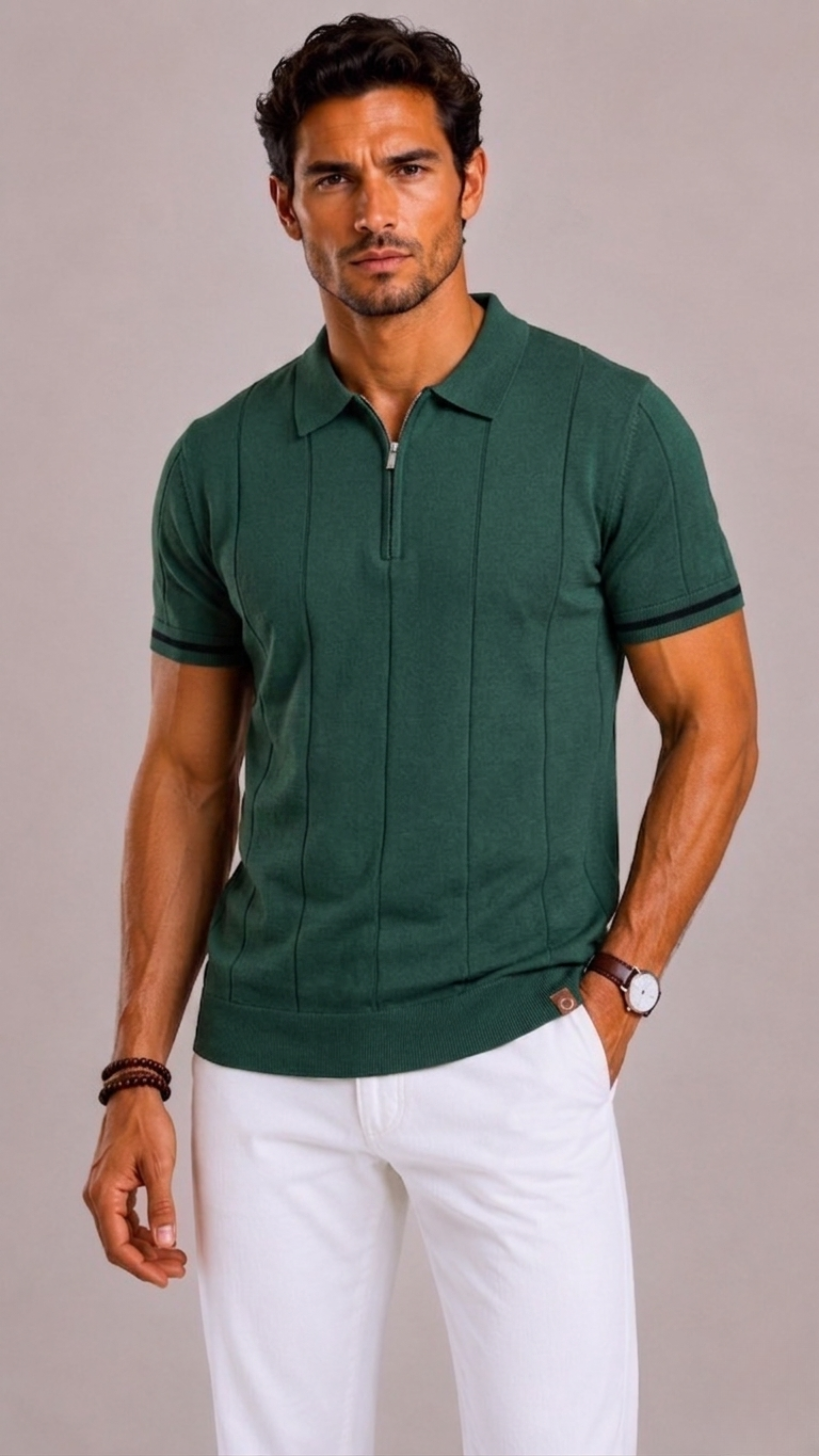 Men's Polo with Short Zip and Striped Cuffs