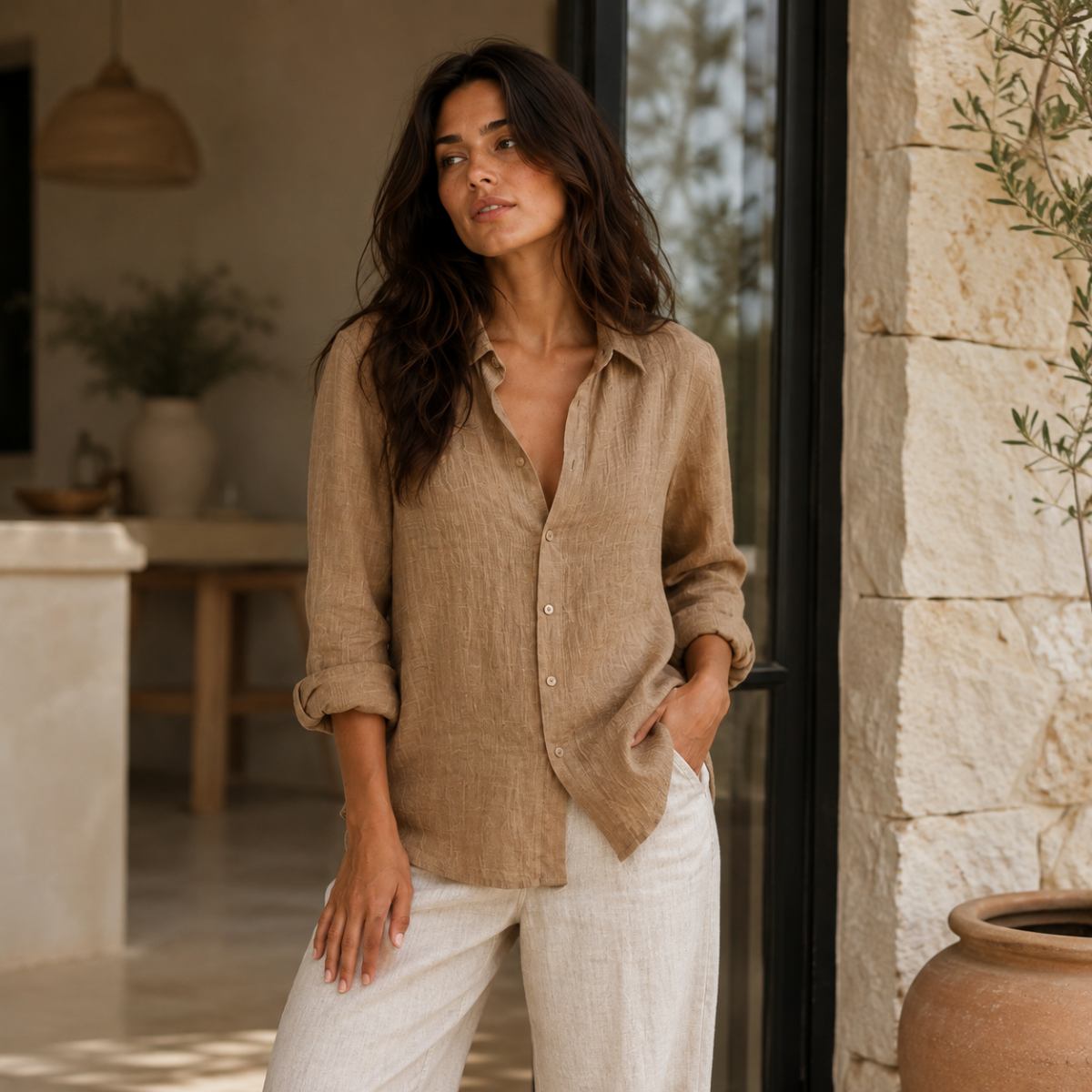 Summer Linen Blend Button-Up Blouse