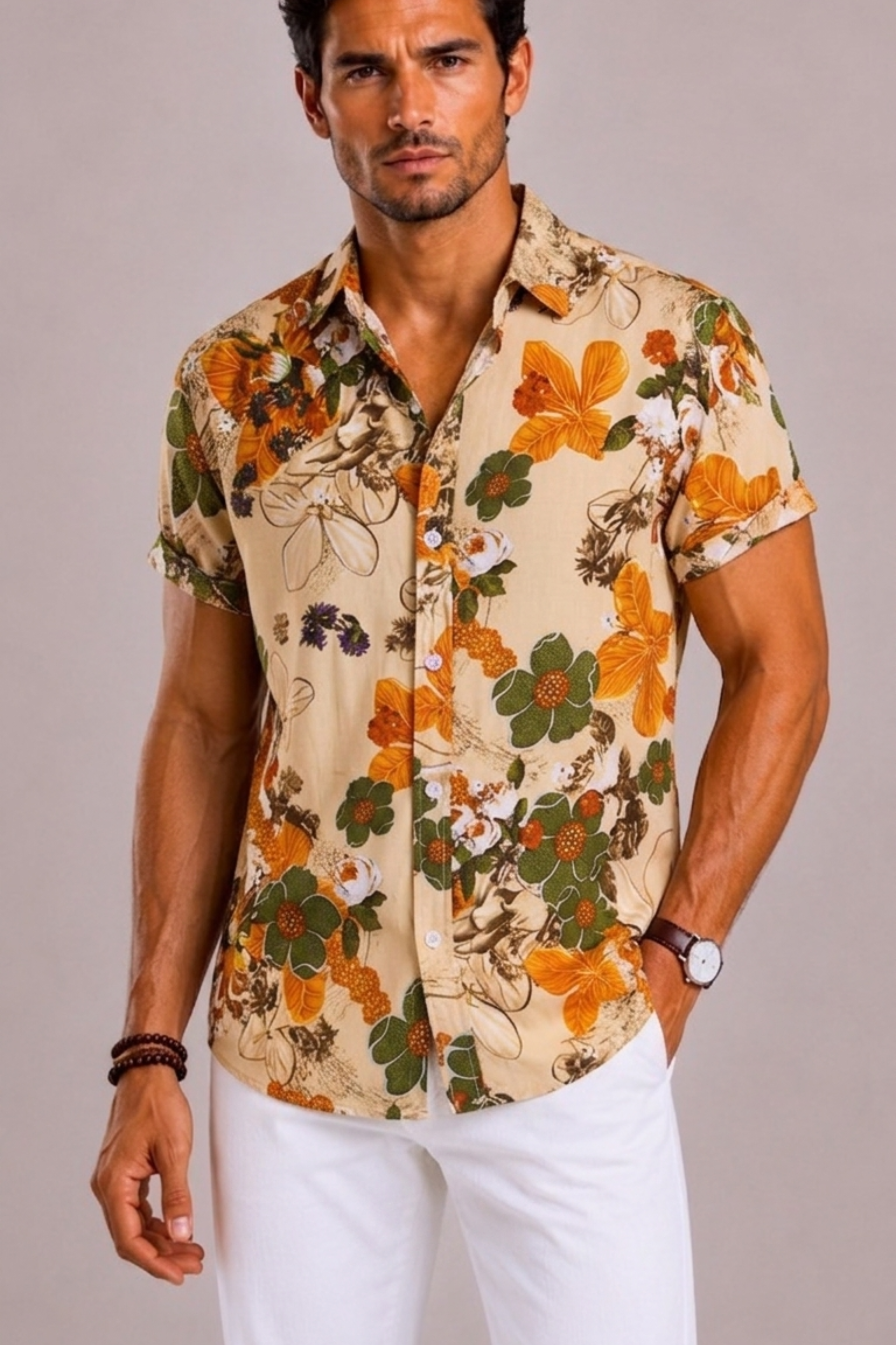 Men's Shirt with Tropical Floral Print and Short Sleeves