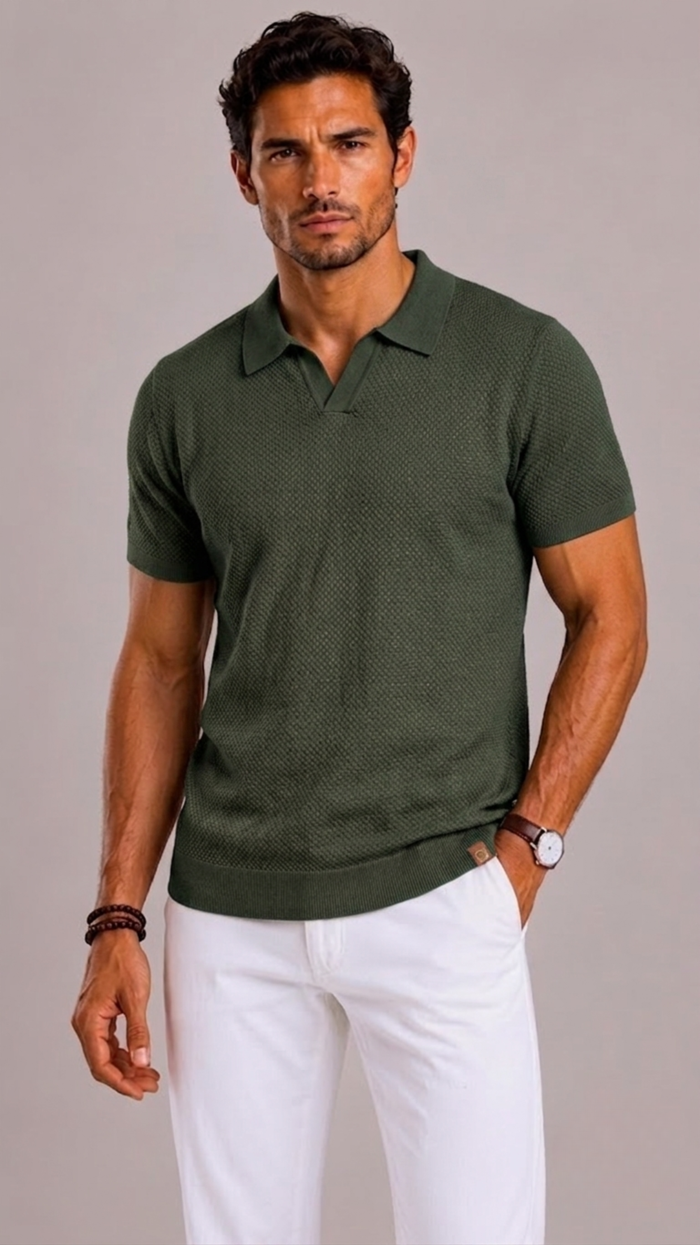 Men's Polo with Open Collar and Knitted Texture