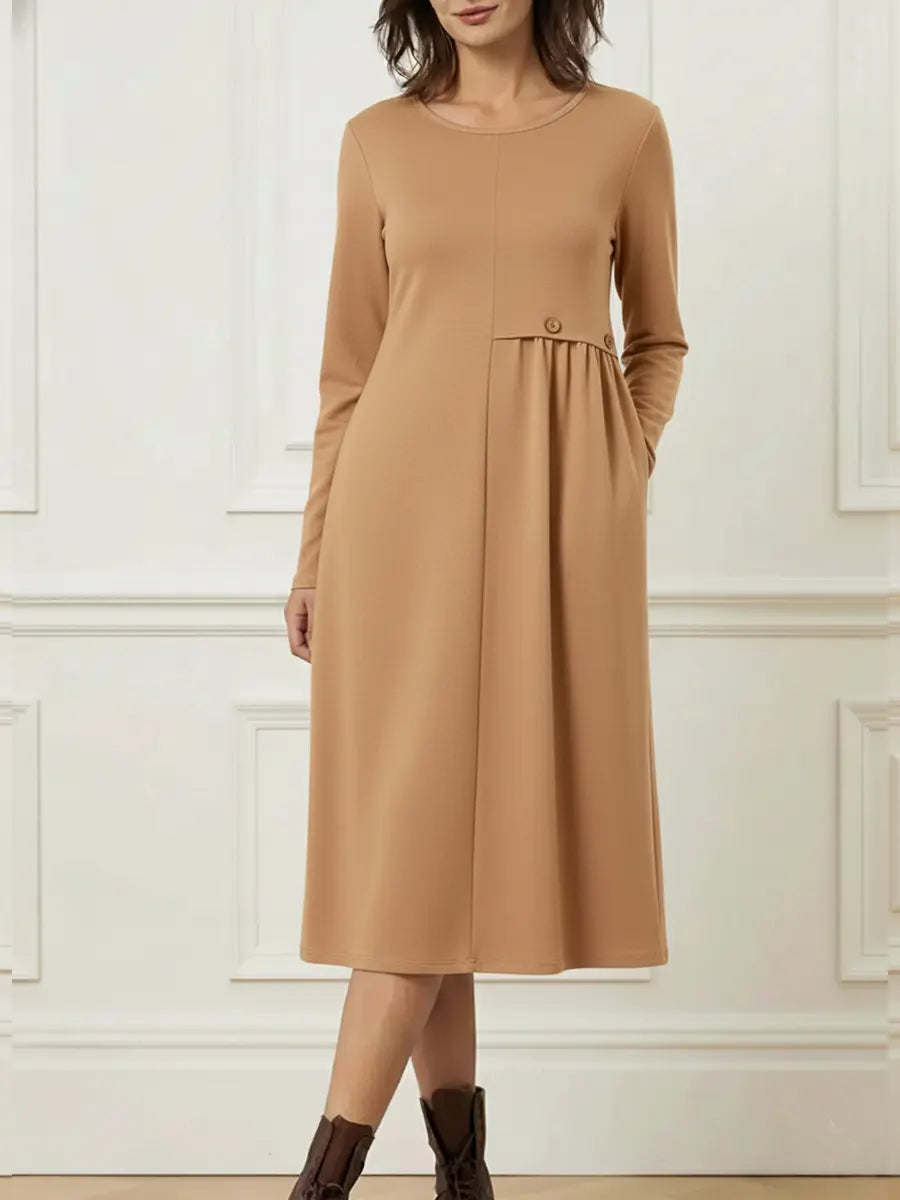 Long Sleeve Round Neck Midi Dress for Women