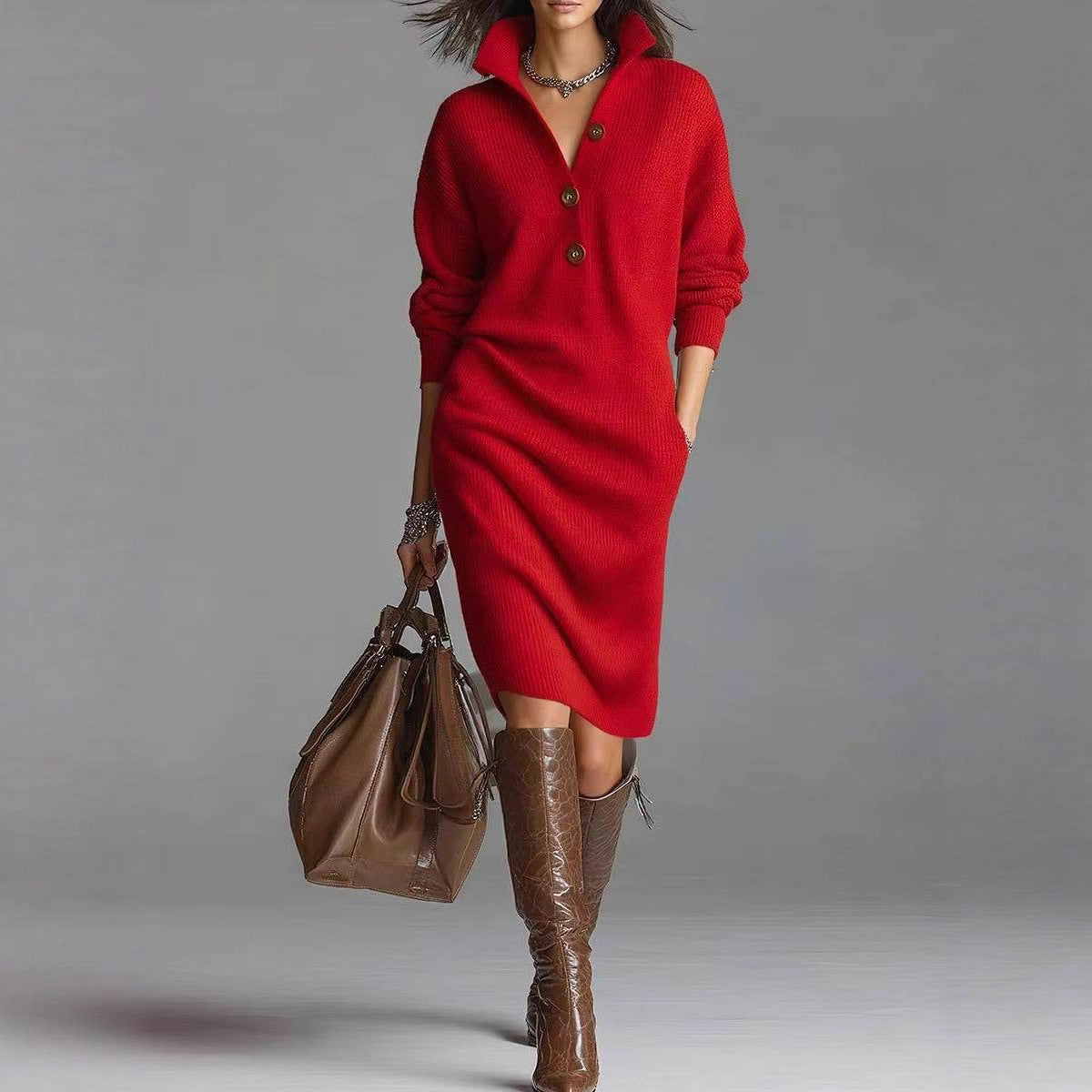 Louise | Loose-Fit Long-Sleeve Dress with Stand-Up Collar and Button Details