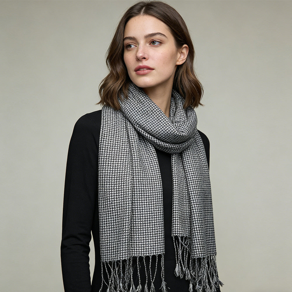 Klara | Black and White Houndstooth Scarf with Fringes