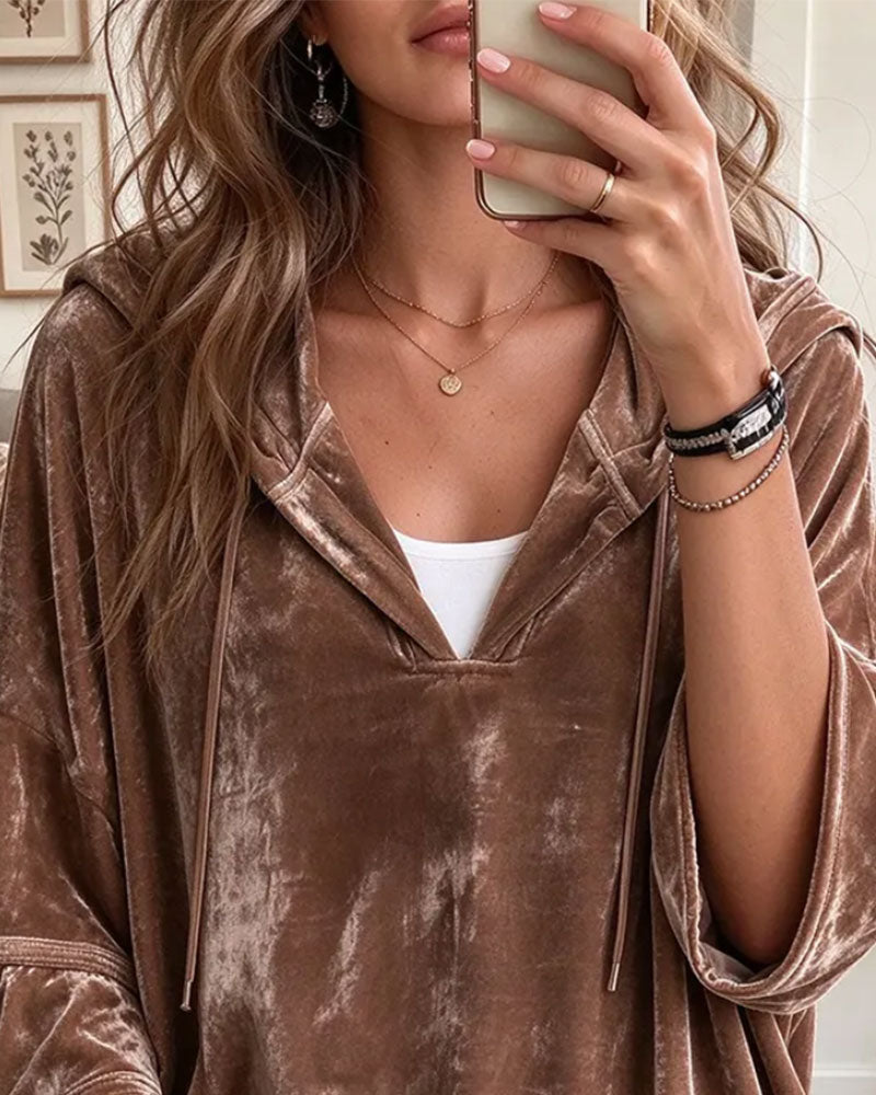 Velvet Hooded Top with V-Neck and Bell Sleeves
