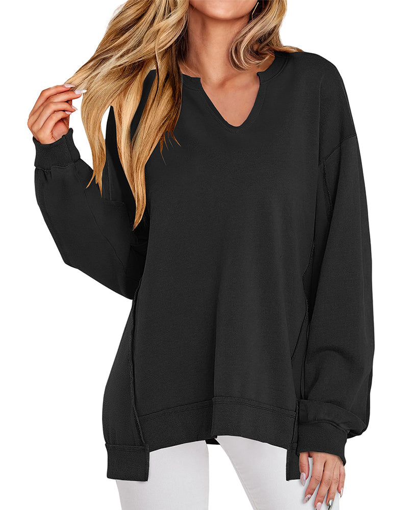 Relaxed Fit V-Neck Solid Color Sweatshirt