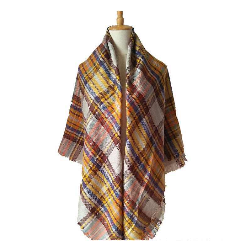 Anna | Oversized Yellow and Blue Checked Scarf for Women with Fringes – 150 x 150 cm