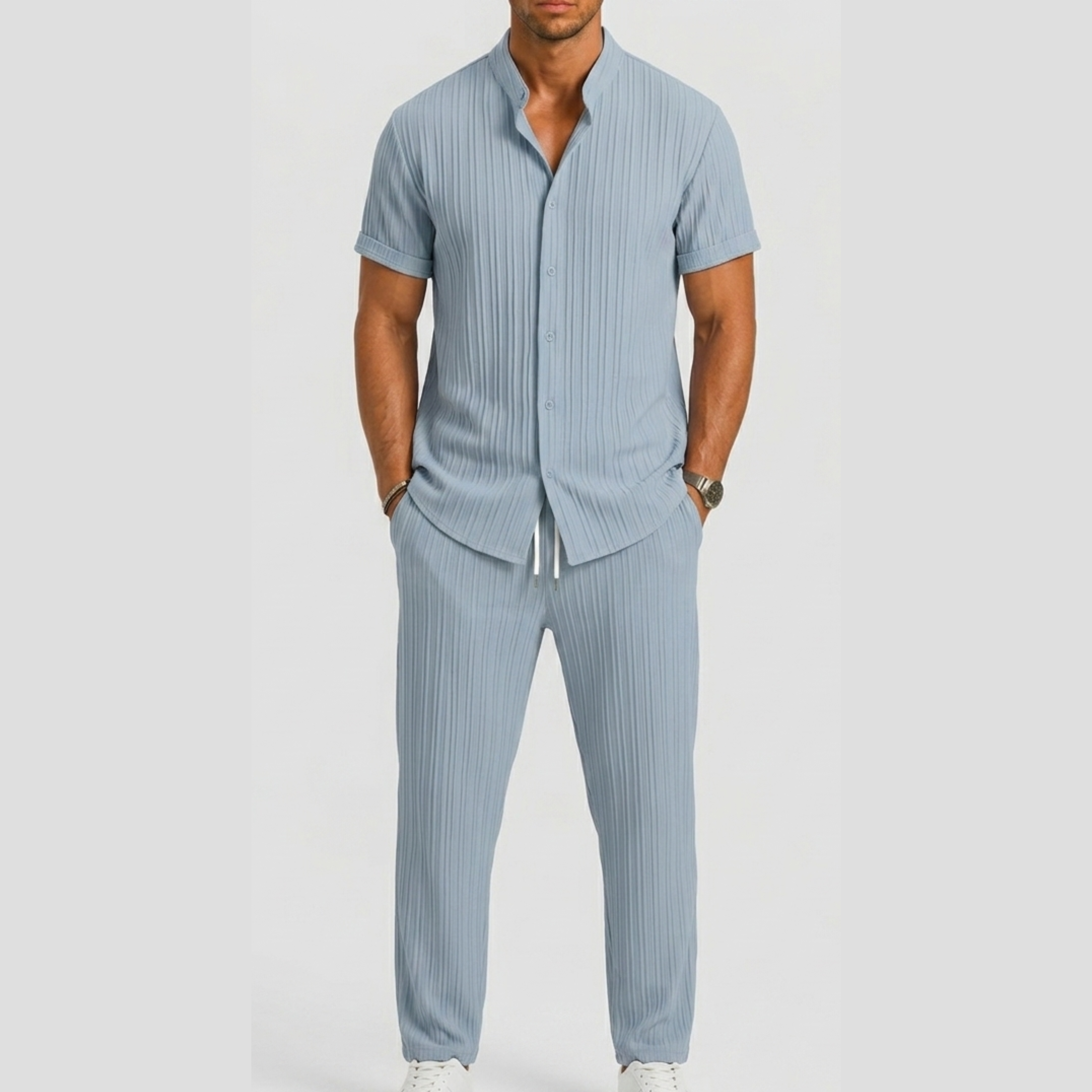 Men's Set with Striped Shirt and Straight Trousers