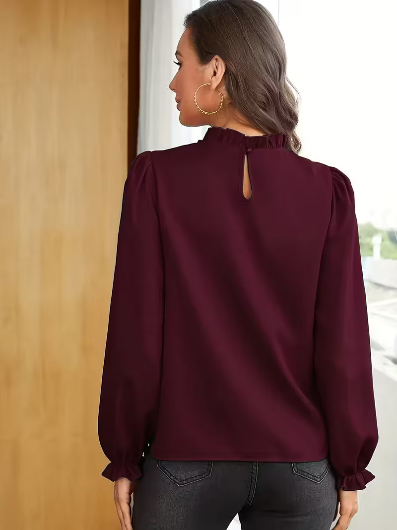Women's Ruffled Collar Blouse with Puff Sleeves and Loose Fit Cuffs
