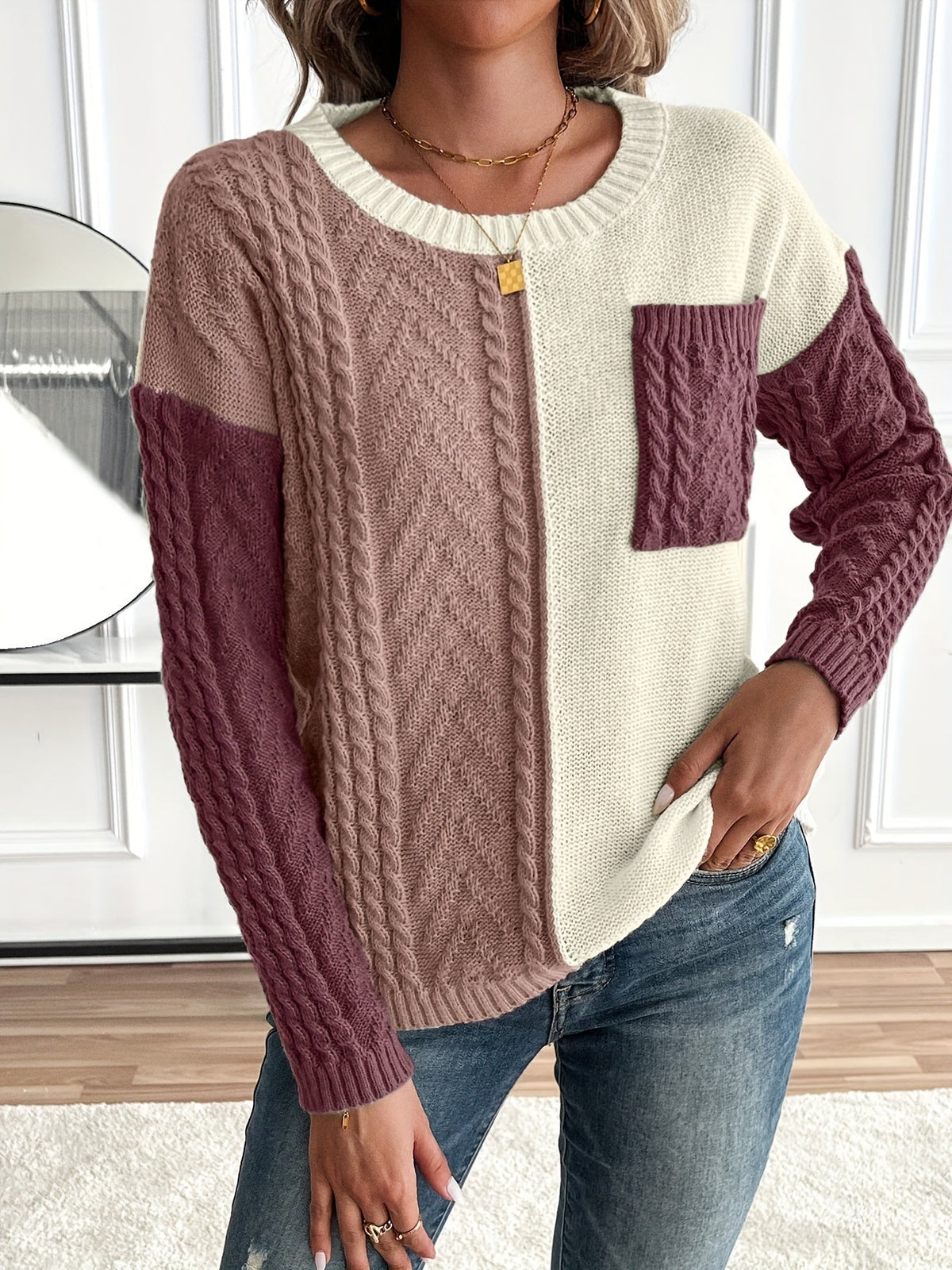 Delia | Bi-Color Cable Knit Sweater