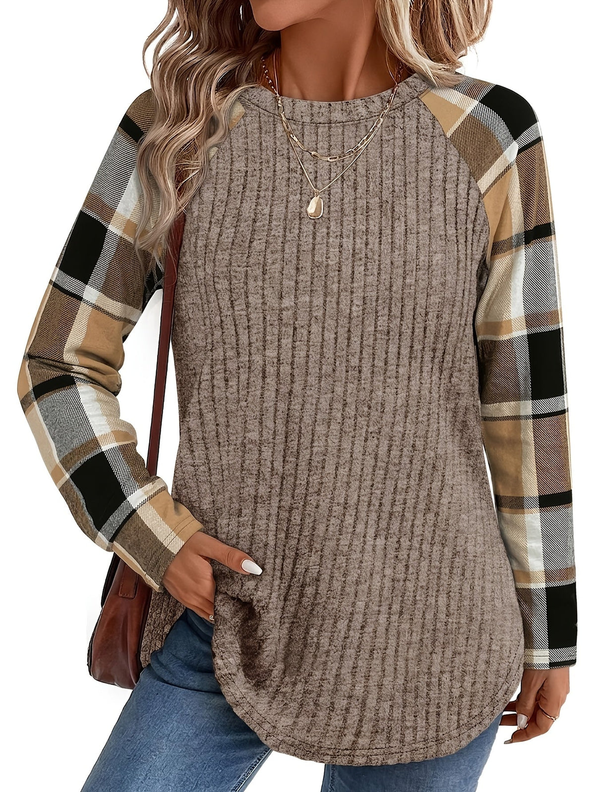 Audrey | Ribbed Top with Checkered Sleeves