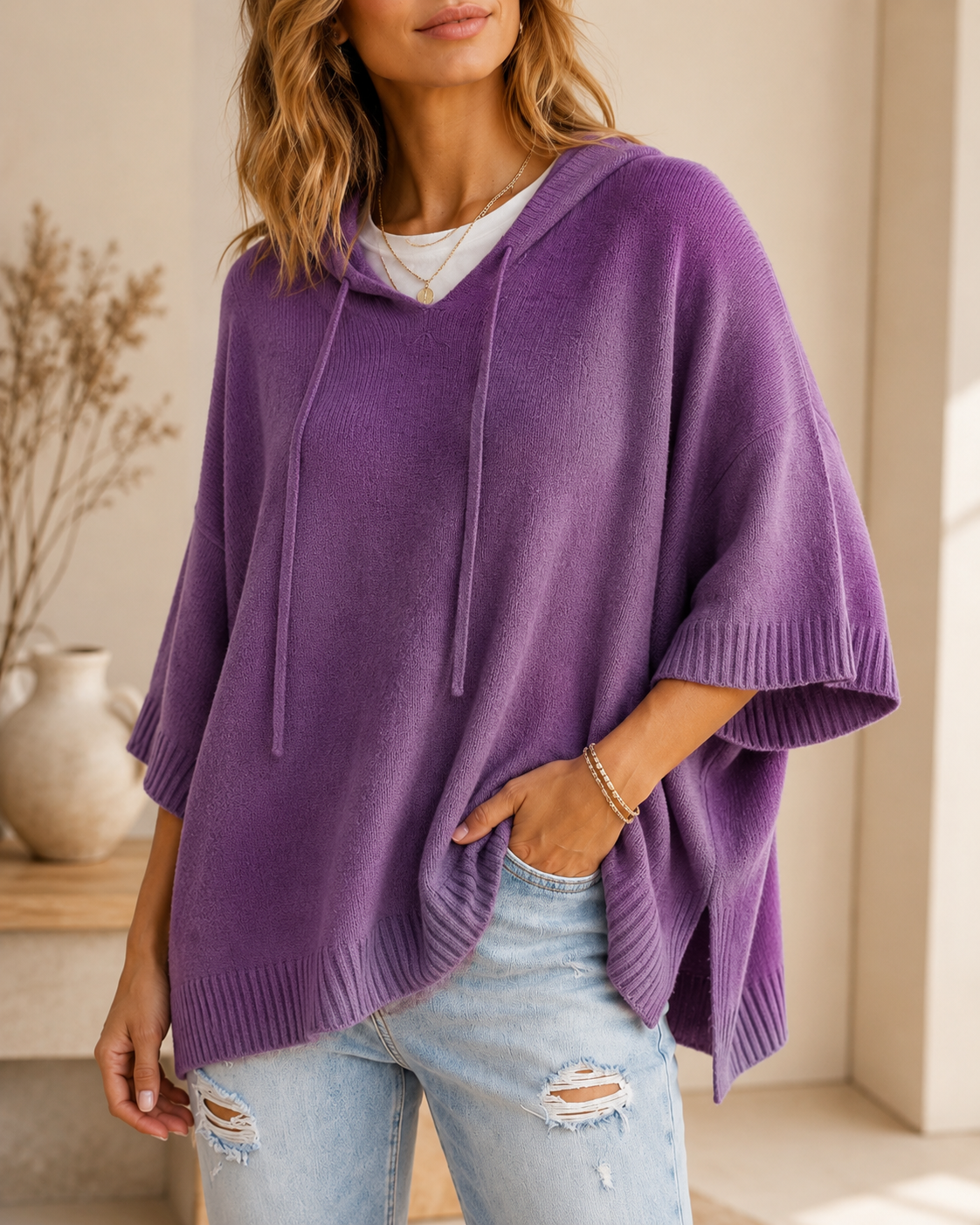 Relaxed Fit Women's 3/4 Sleeve Hoodie