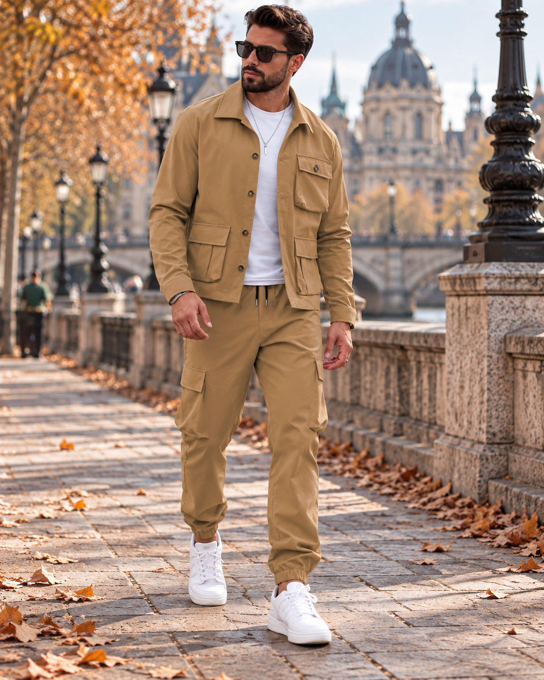 Enzo Men's Casual Two-Piece Cargo Outfit — Multi-Pocket Jacket and Pants