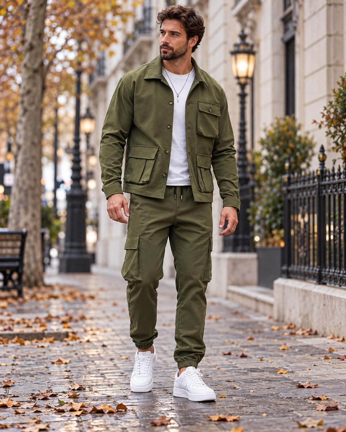 Enzo Men's Casual Two-Piece Cargo Outfit — Multi-Pocket Jacket and Pants