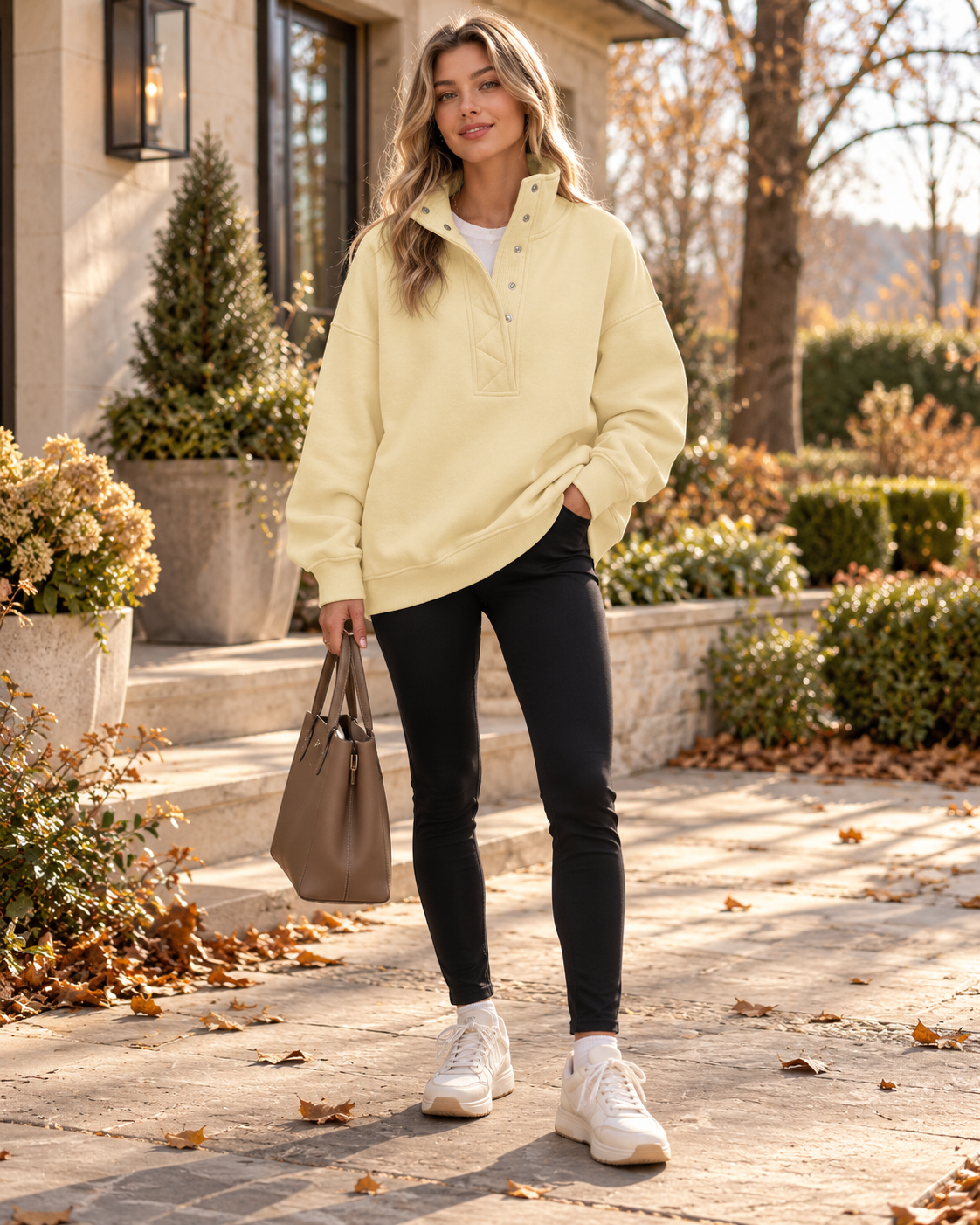 Brietta Women's Oversized Long Sleeve Henley Sweatshirt with Snap Button Collar