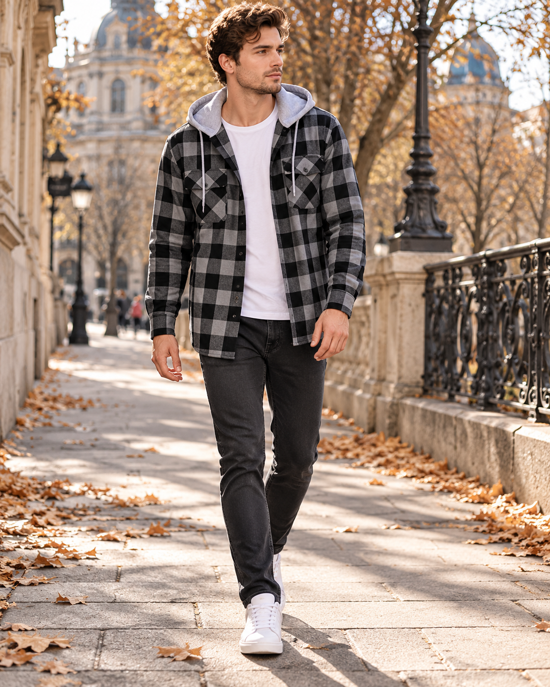 Nico Men's Hooded Flannel Check Shirt with Button Closure and Long Sleeves