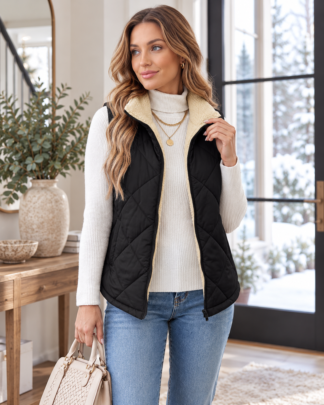 Bianca Women's Sleeveless Quilted Vest with Sherpa Collar, Zip Closure, and Pockets