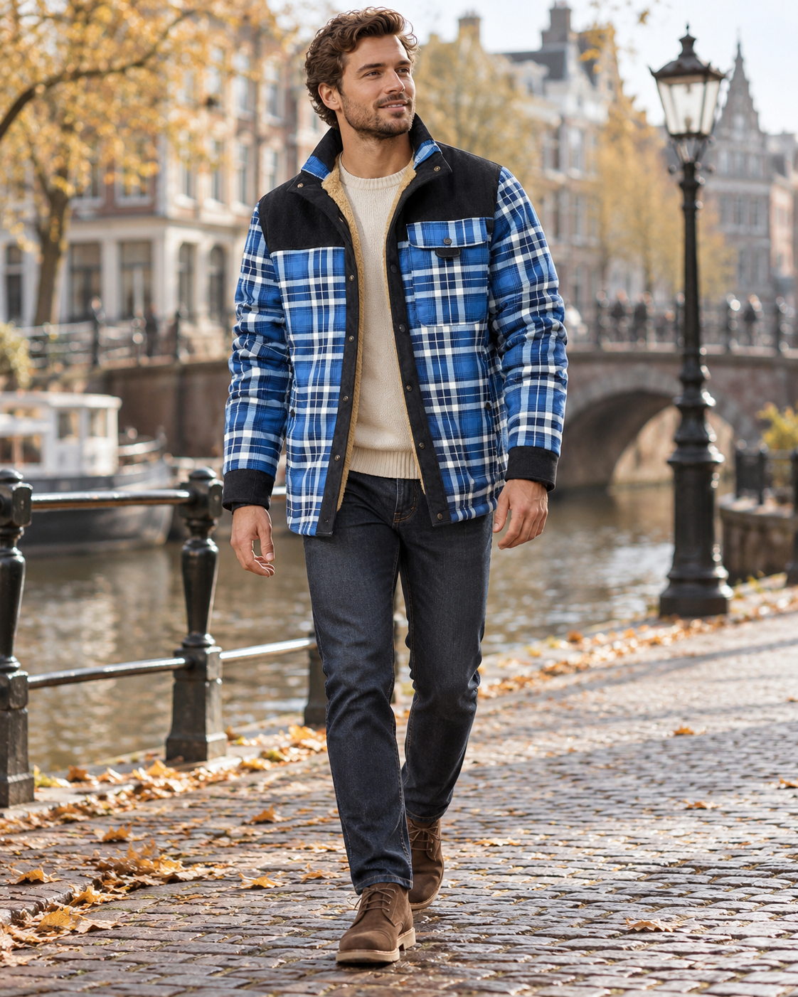 Men's Patricio Check Shirt Jacket with Sherpa Lining and Corduroy Accents