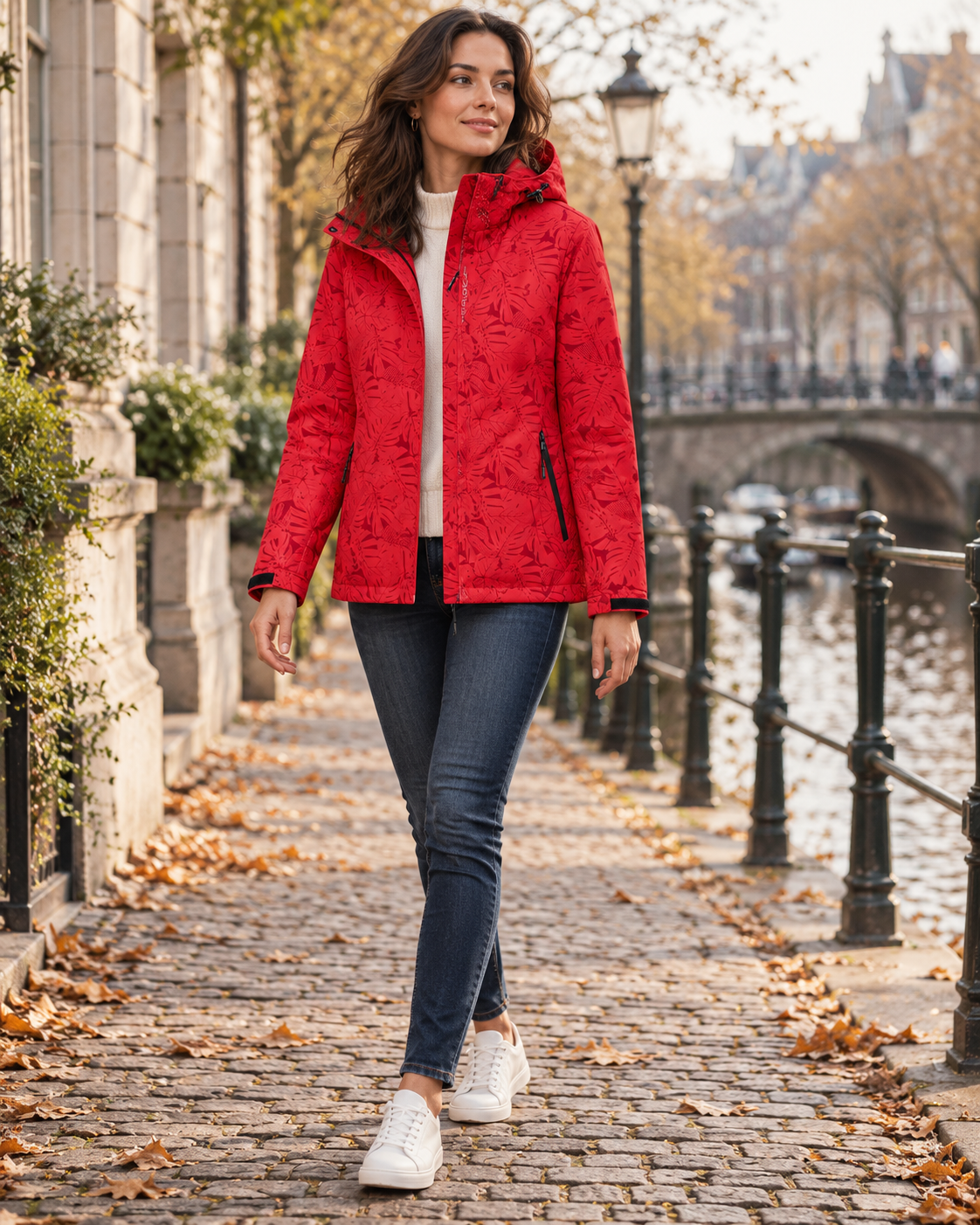 Carmina Women's Lightweight Waterproof Hooded Jacket with Leaf Print and Zip Pockets