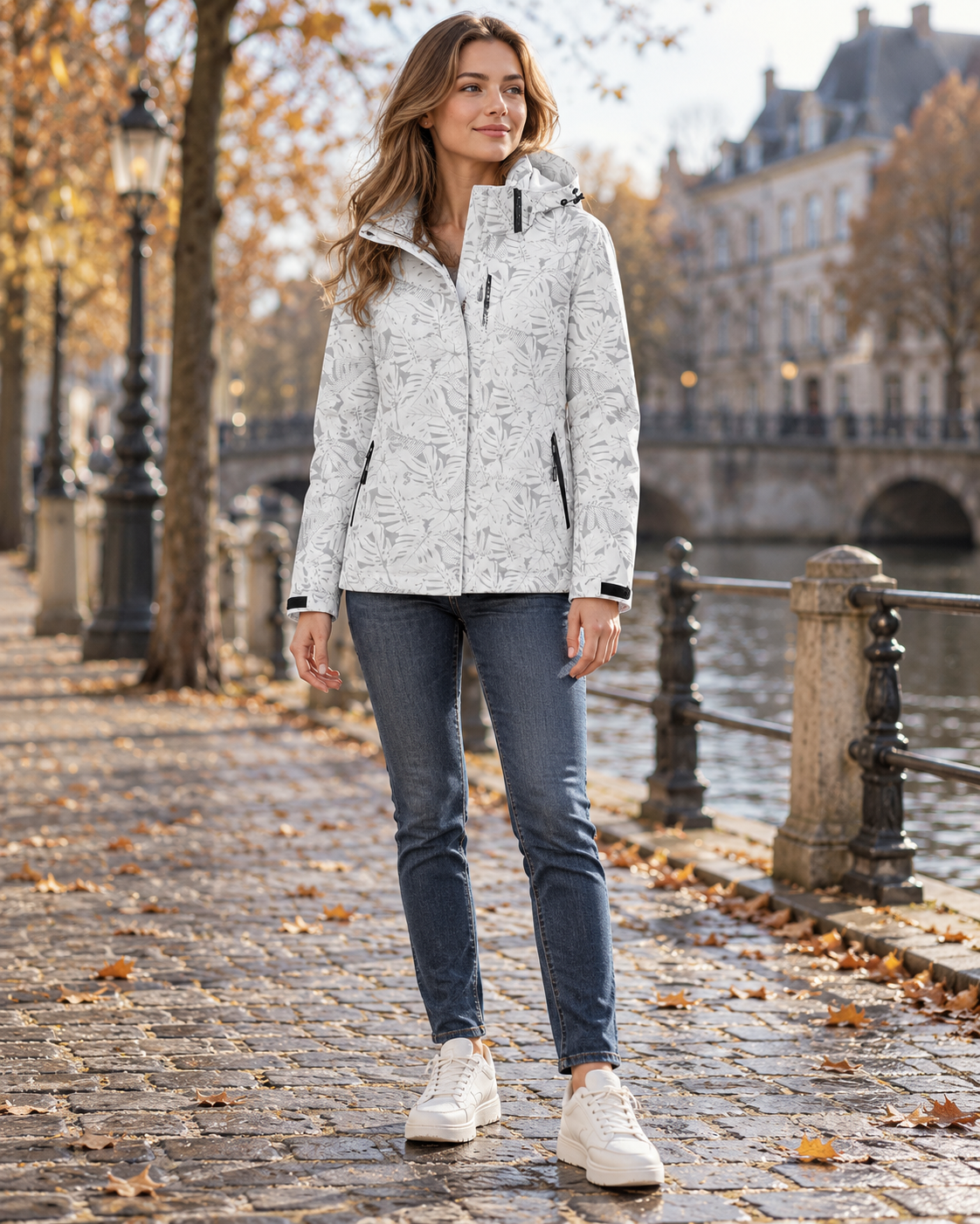 Carmina Women's Lightweight Waterproof Hooded Jacket with Leaf Print and Zip Pockets