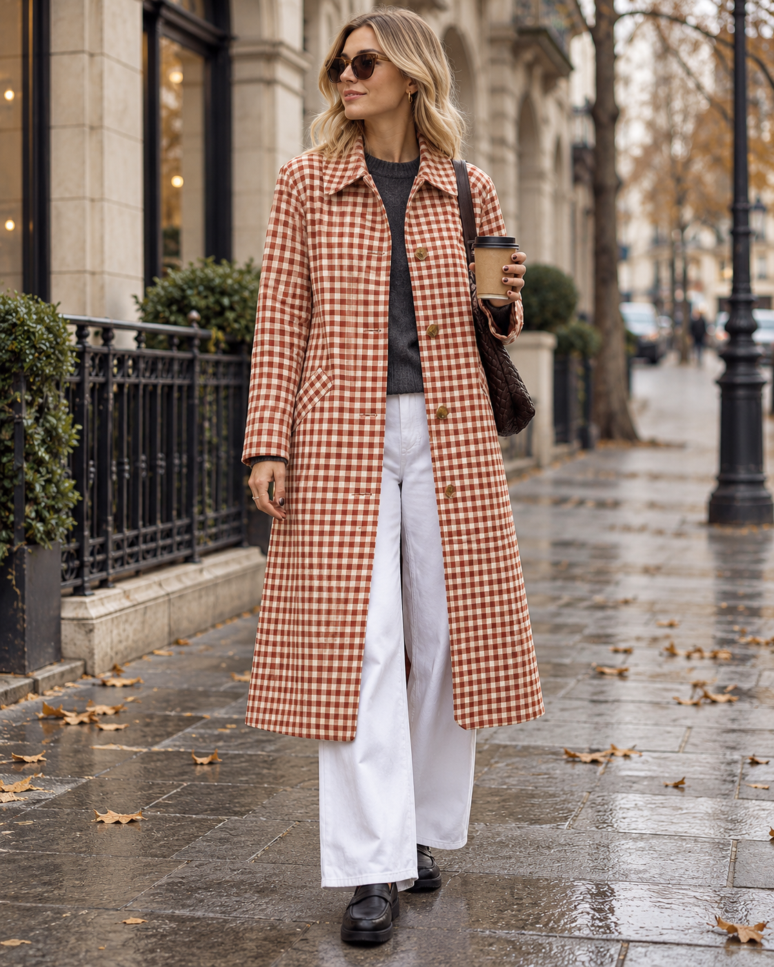 Zaria Women's Long Check Trench Coat with Notched Collar and Single Button Closure