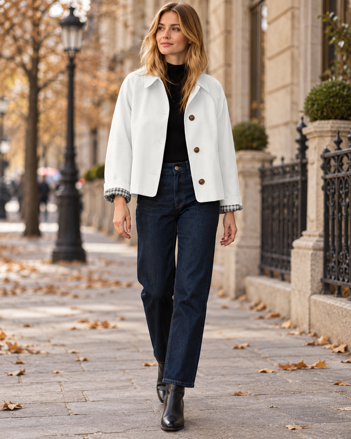 Arielle Women's Short Trench Coat with Checked Lining, Shirt Collar, and Button Closure