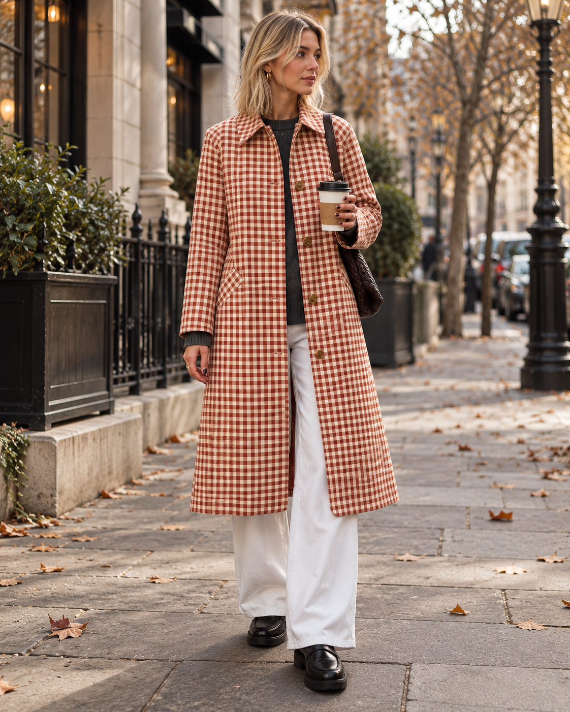 Zaria Women's Long Check Trench Coat with Notched Collar and Single Button Closure