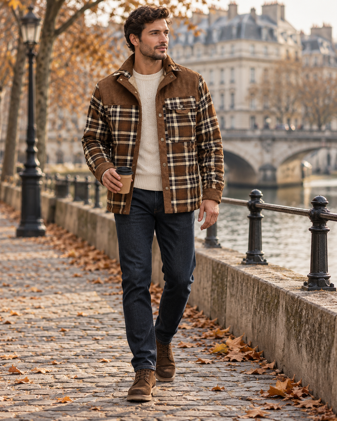 Men's Patricio Check Shirt Jacket with Sherpa Lining and Corduroy Accents