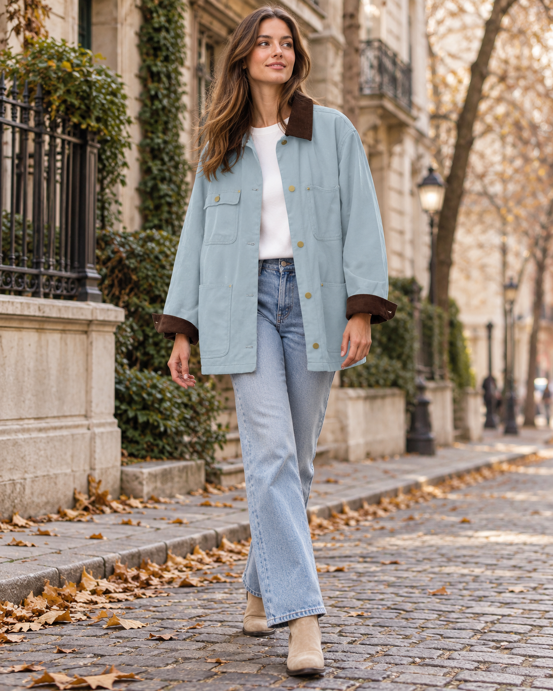 Lara Women's Oversized Cotton Utility Jacket with Corduroy Collar and Patch Pockets