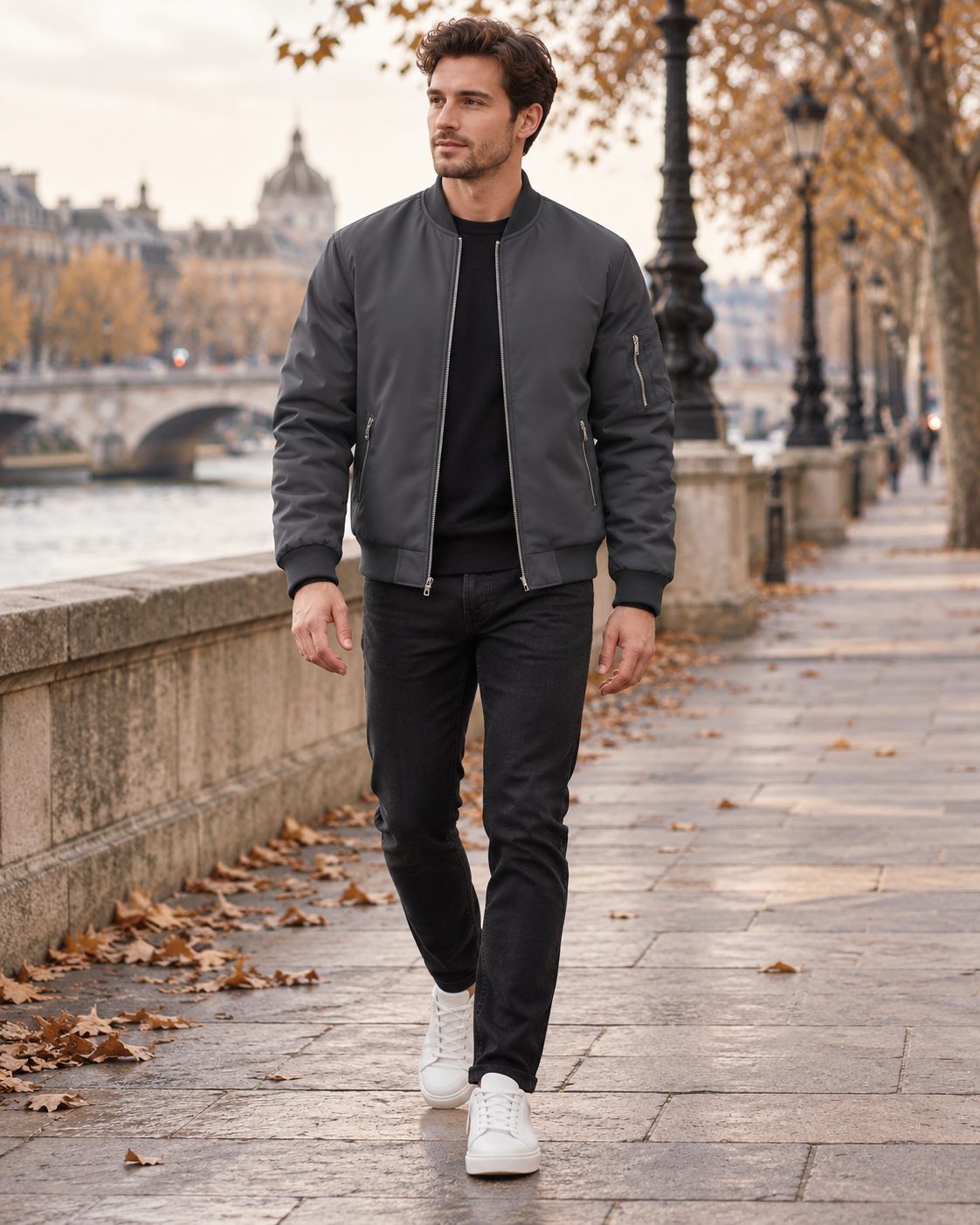 Darius Men's Lightweight Bomber Jacket with Zipper, Ribbed Collar, and Functional Pockets