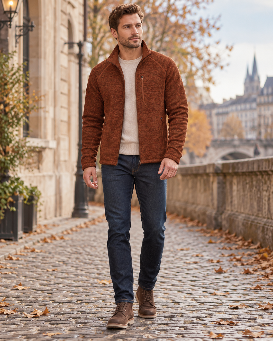 Vince Men's Full Zip Fleece Jacket with High Collar and Three Pockets