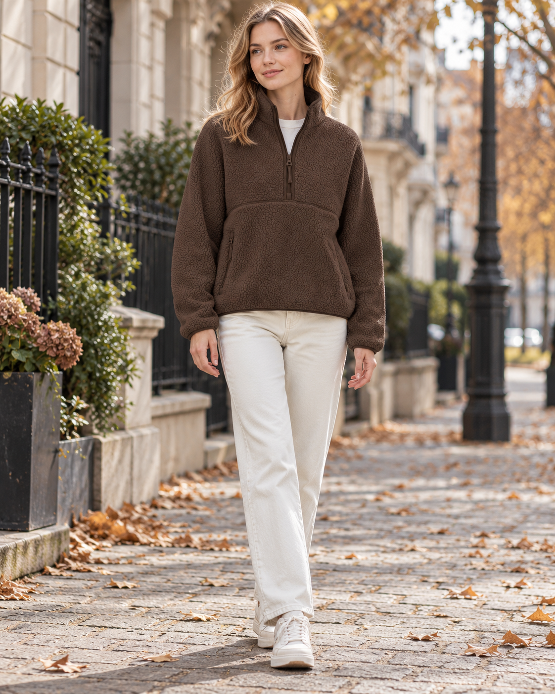 Trisha Women's Cozy Oversized Sherpa Pullover with High Collar, Quarter-Zip, and Pockets