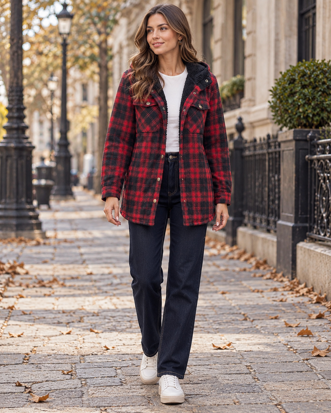 Danica Women's Plaid Shirt Jacket with Built-in Hood and Cozy Fleece Lining