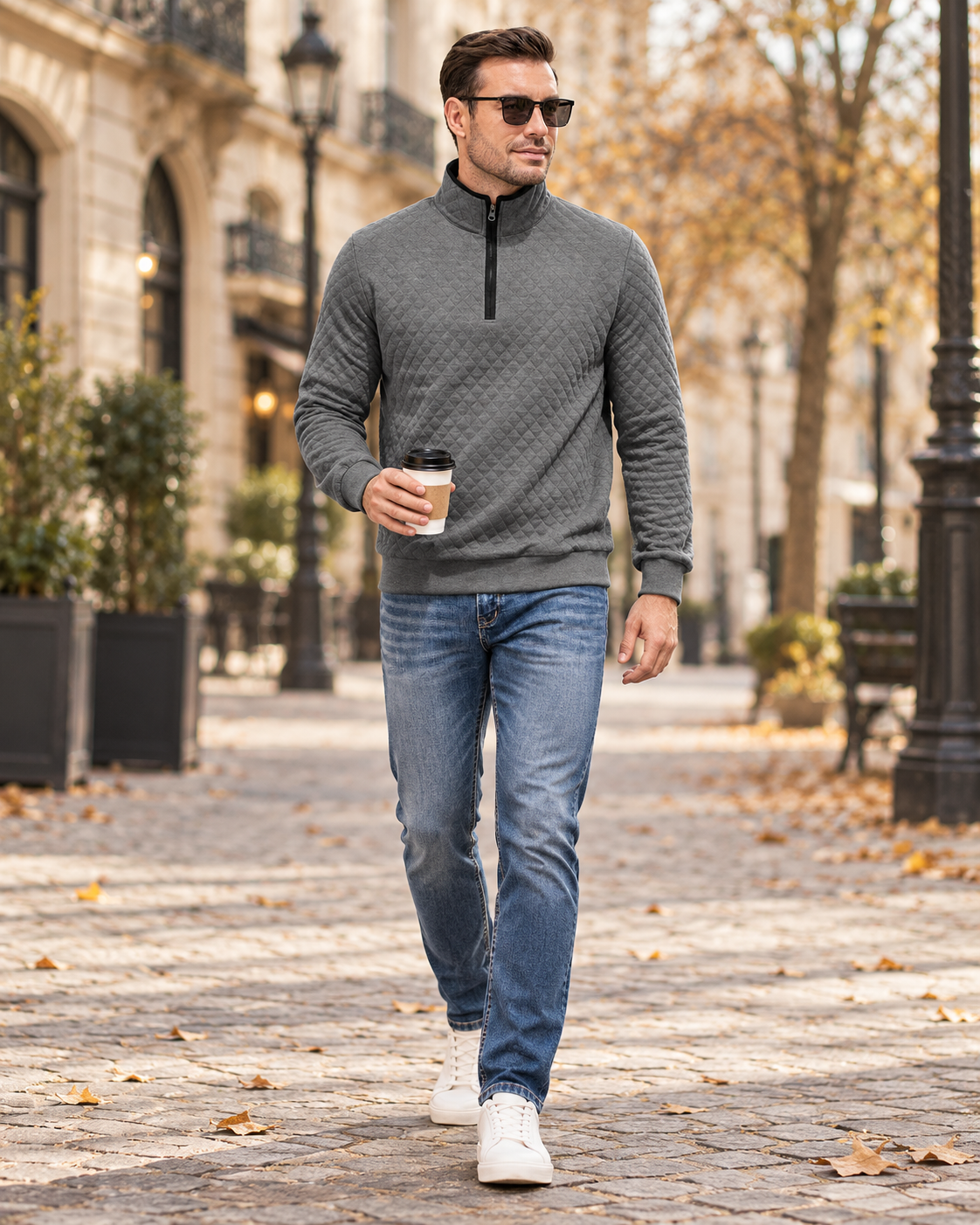 Cedrick Men's Quilted Sweatshirt with High Collar, Short Zip, and Ribbed Trim