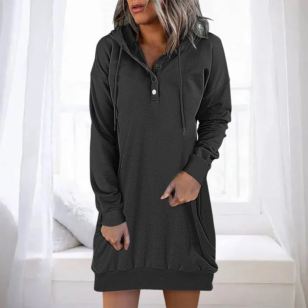 Cozy Hooded Dress Featuring Buttons and Pockets