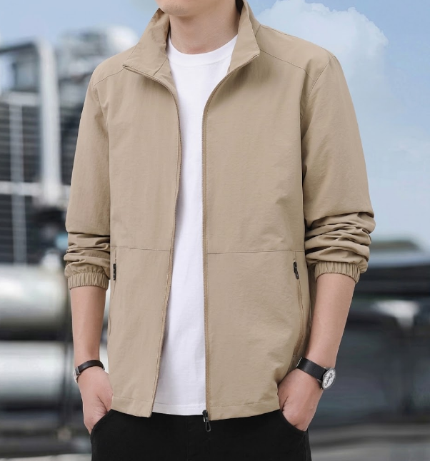 Men's Bomber Jacket with Zip and Stand-Up Collar