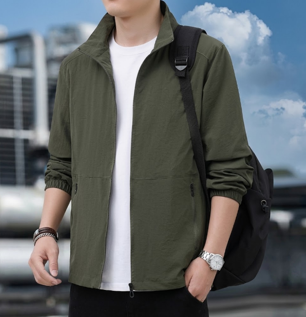 Men's Bomber Jacket with Zip and Stand-Up Collar