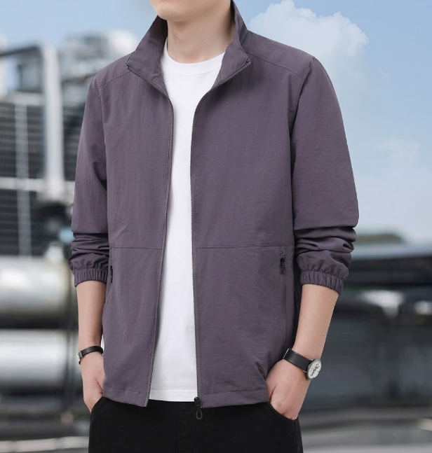 Men's Bomber Jacket with Zip and Stand-Up Collar