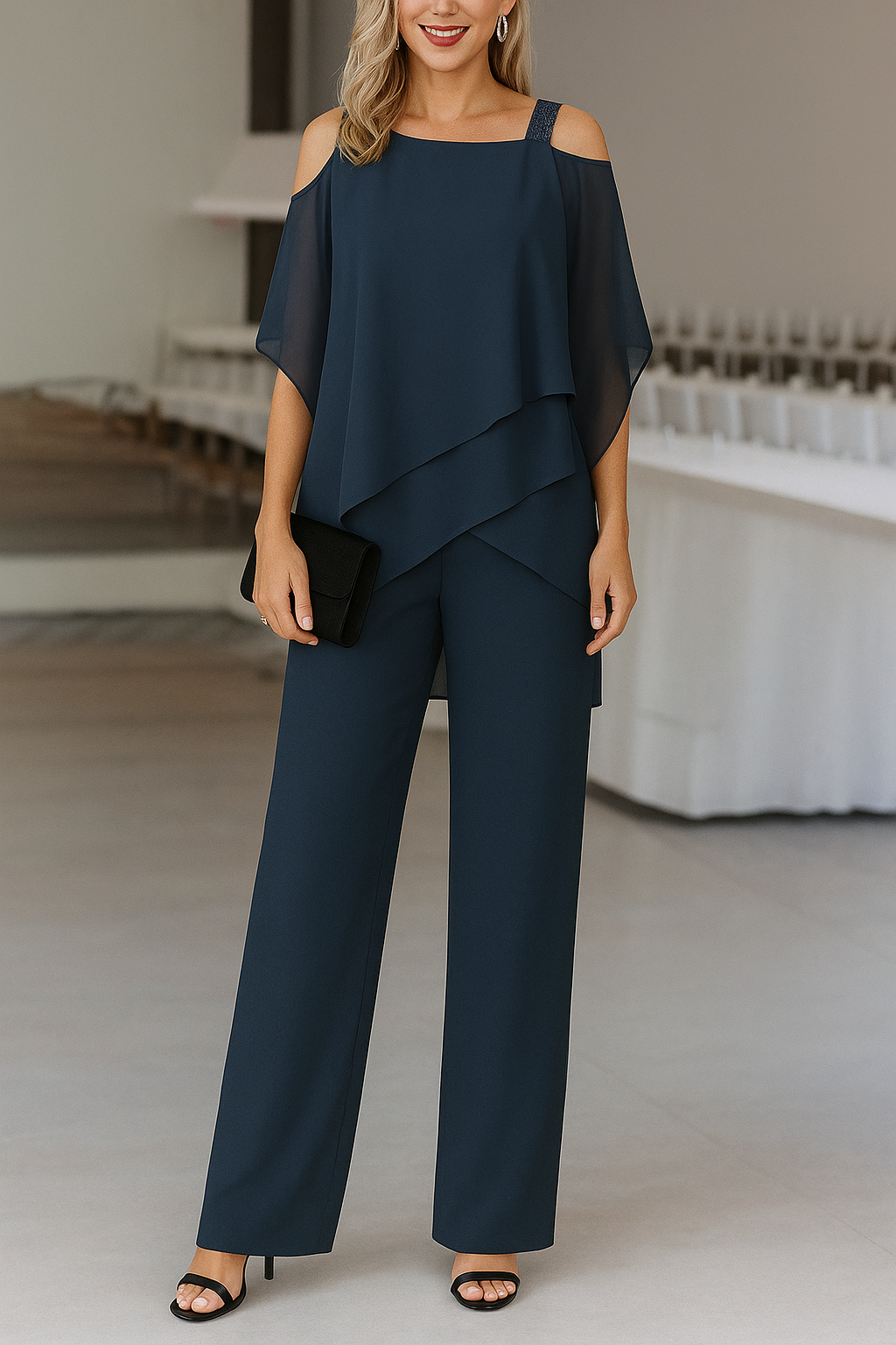Elegant Lightweight Ladies Set with Off Shoulder Top and Wide Trousers