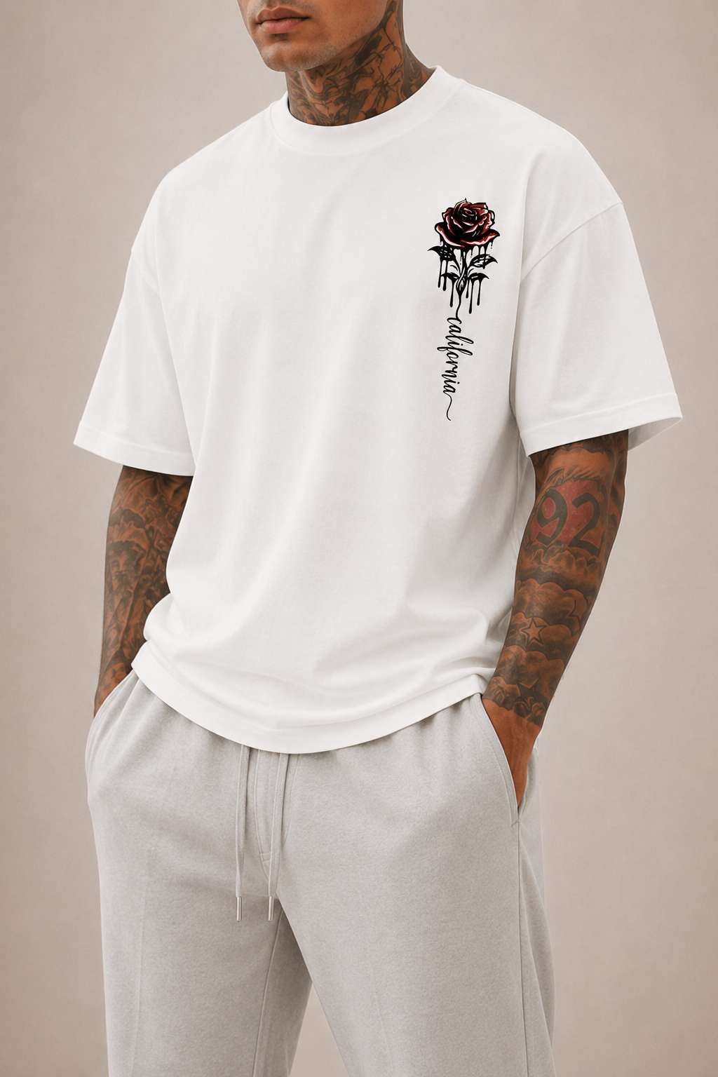 Men's Oversized T-Shirt with Rose Print Modern Streetwear Style
