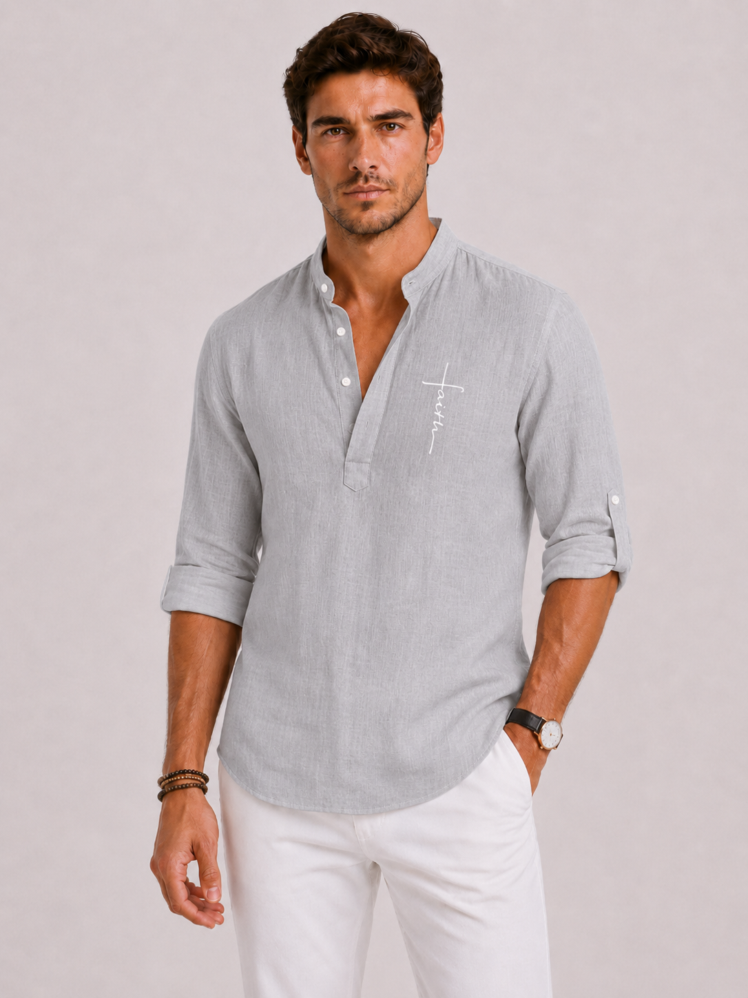 Men's Linen Blouse with Henley Collar