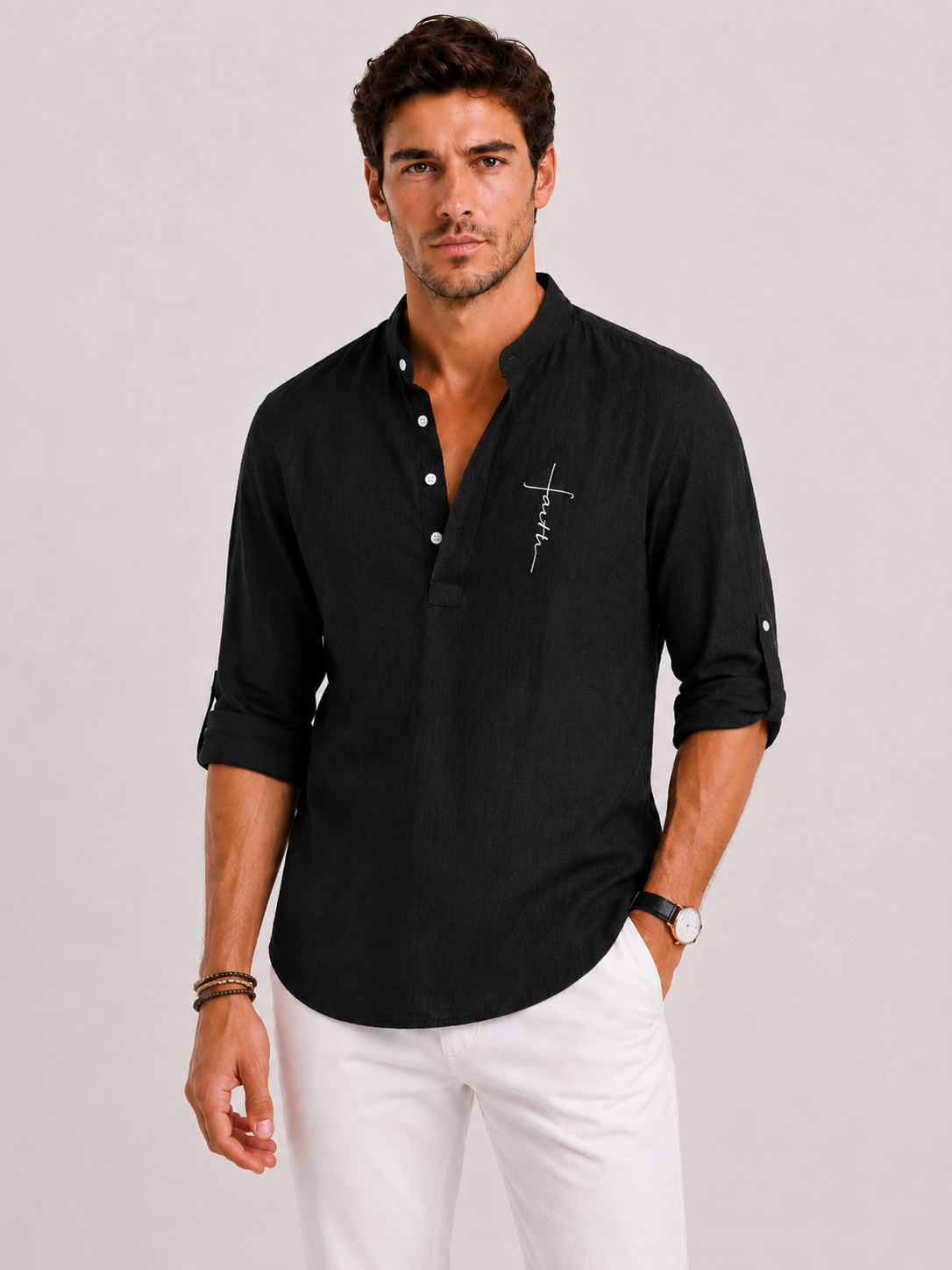 Men's Linen Blouse with Henley Collar