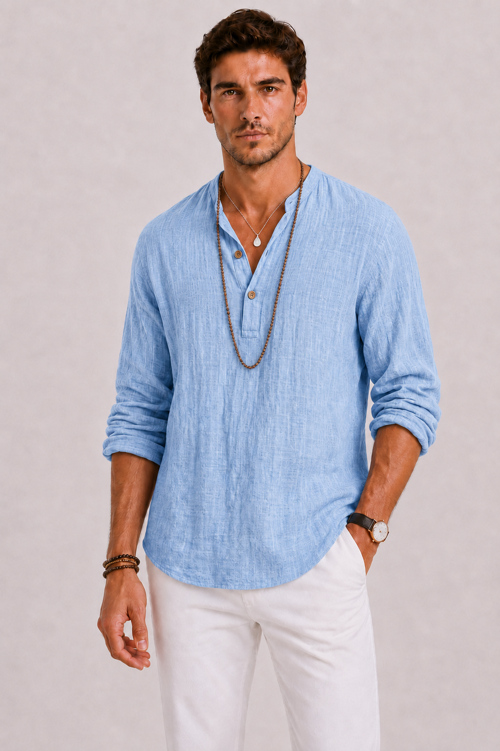 Men's Linen Shirt with V-Neck and Long Sleeves