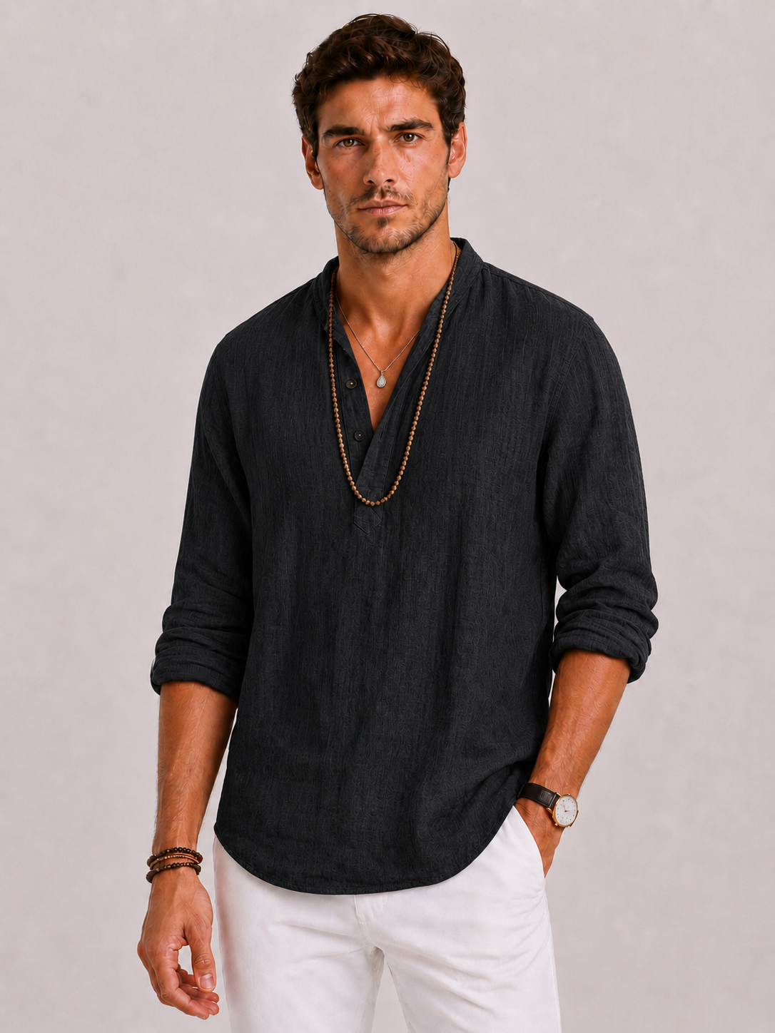 Men's Linen Shirt with V-Neck and Long Sleeves