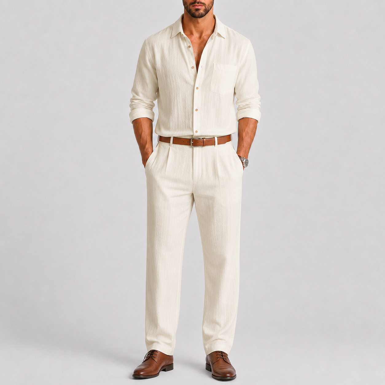Men's Linen Suit with Mandarin Collar