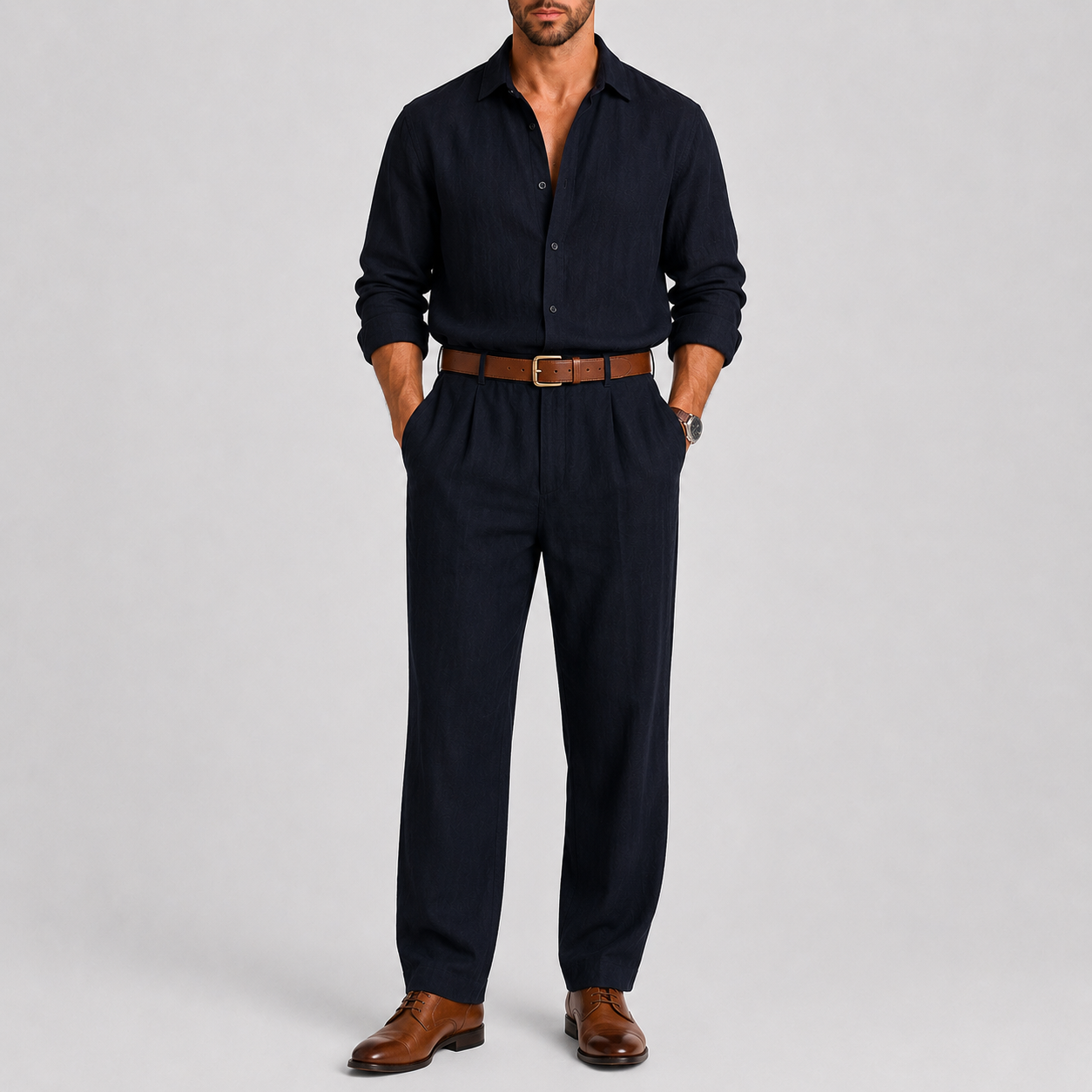 Men's Linen Suit with Mandarin Collar