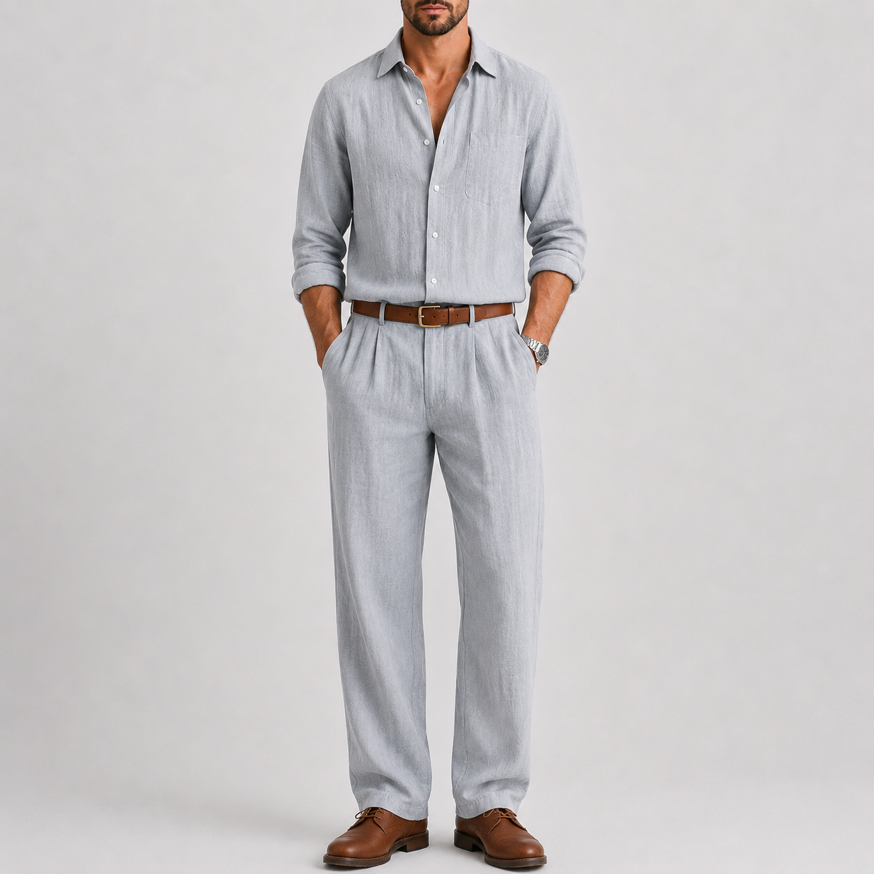 Men's Linen Suit with Mandarin Collar